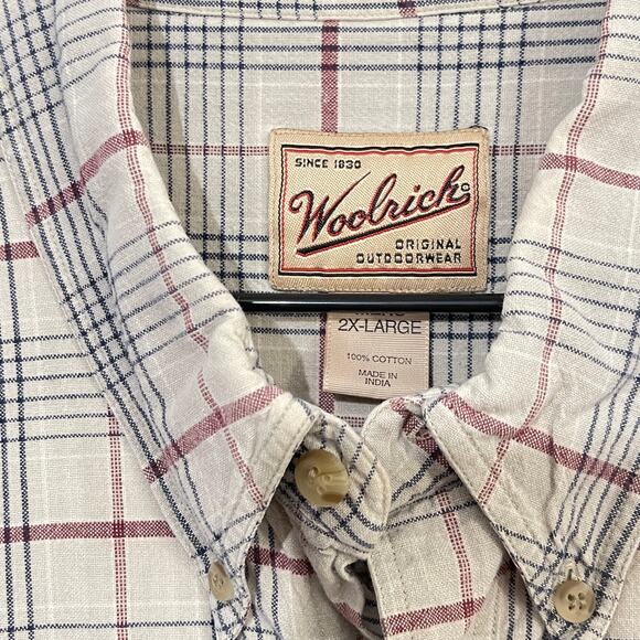 Woolrich Button Down Shirt Mens 2XL Mallard Duck Embroidery Beige Plaid Pocket - Picture 7 of 9